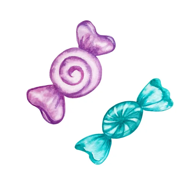 Acquerello Set Due Caramelle Caramello Dolce Involucro Viola Blu Disegnato — Foto Stock