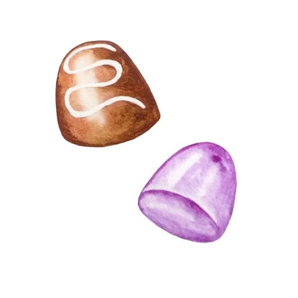 Акварель Набор Две Сладкие Конфеты Шоколад Фиолетовые Руки Нарисованы — стоковое фото