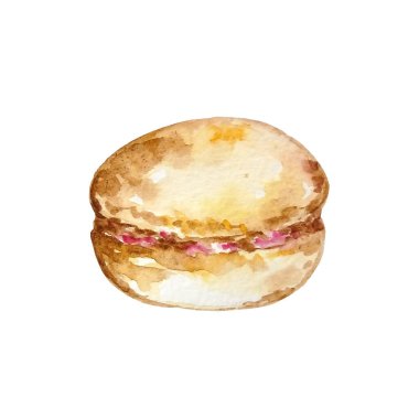 suluboya bej renginde, beyaz arka planda pembe kremalı badem kurabiyesi.