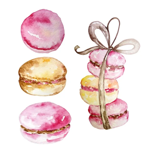 Watercolor Set Three Macarons Tied Ribbon Bow Separately Three Macarons — Stock Photo, Image