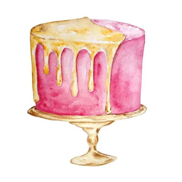 水彩画粉红蛋糕 白色底色手绘上黄色奶油放在架子上 — 图库照片