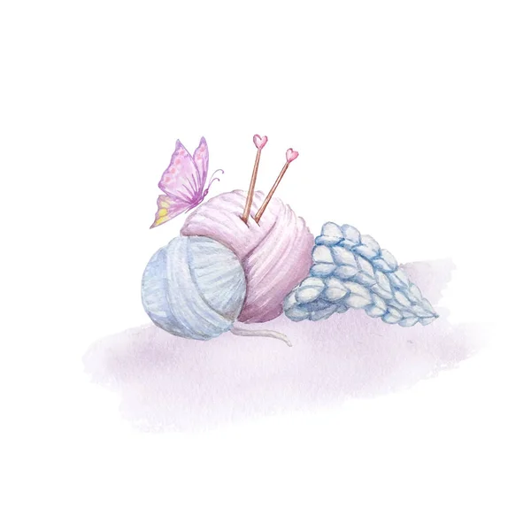 Finom Rózsaszín Kék Illusztráció Két Gombolyag Kötőtűvel Lila Csokornyakkendővel — Stock Vector