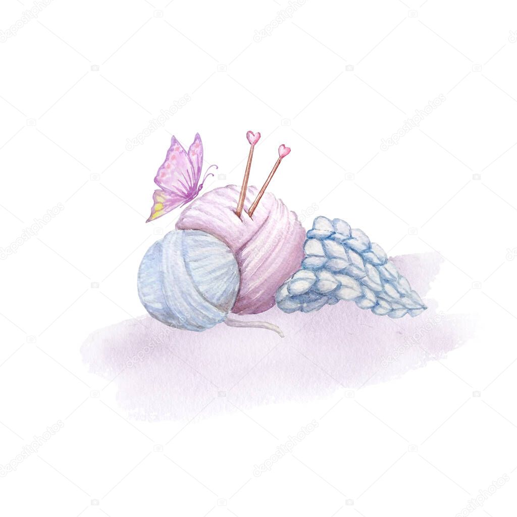 delicate pink blue illustration two balls of yarn with knitting needles and with a purple bow tie