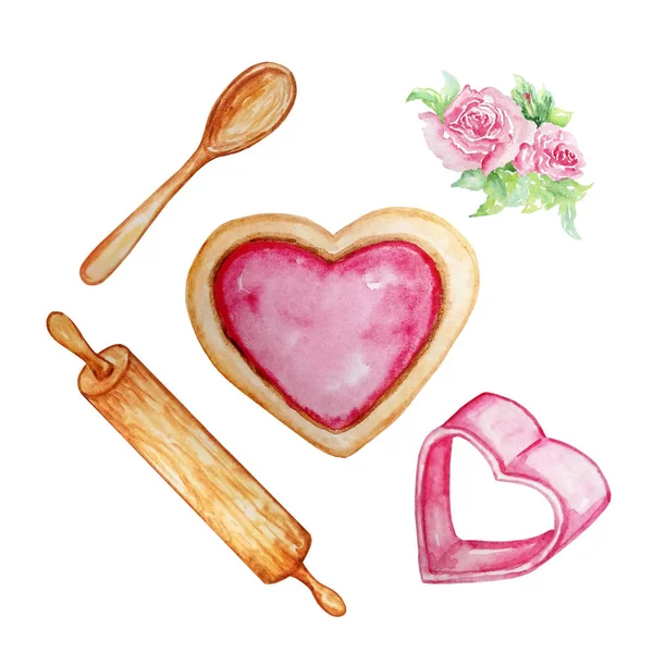 Aquarela Ilustração Biscoitos Coração Com Creme Rosa Coração Assadeira Objetos — Vetor de Stock