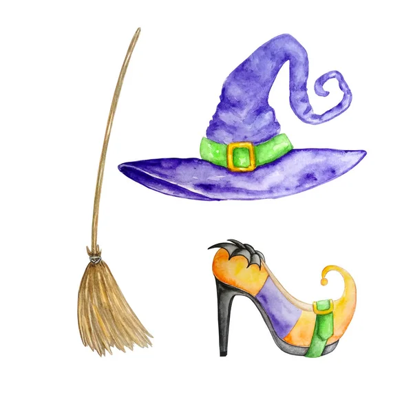 水彩画套装 巫婆配饰 紫色帽子鞋和扫帚 — 图库矢量图片