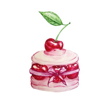 vişne kremalı, kirazlı ve fiyonklu suluboya pasta.