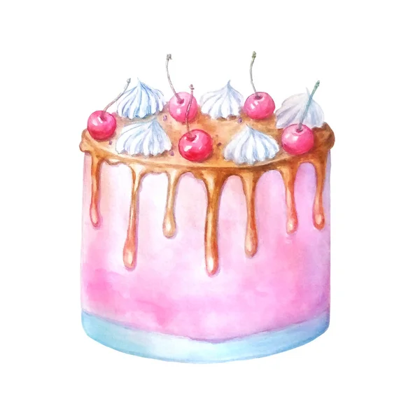 Акварельный Розовый Торт Шоколадным Кремом Зефиром Сверху Вишней — стоковое фото