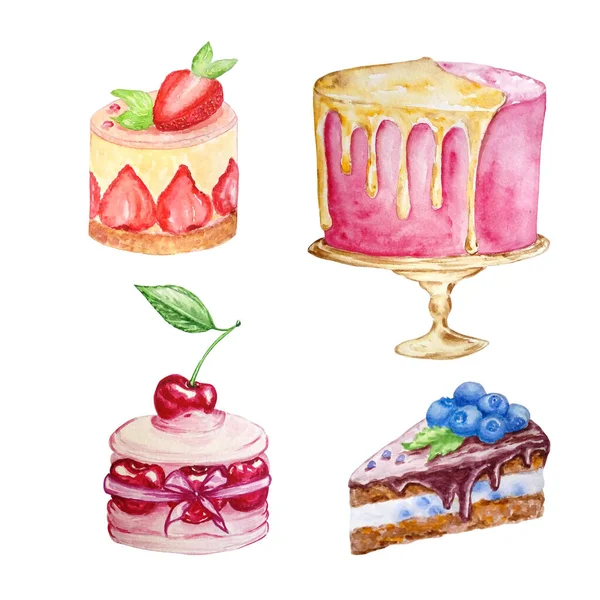 Watercolor Set Four Cakes Different Shapes Different Colors White Background — Stock Photo, Image