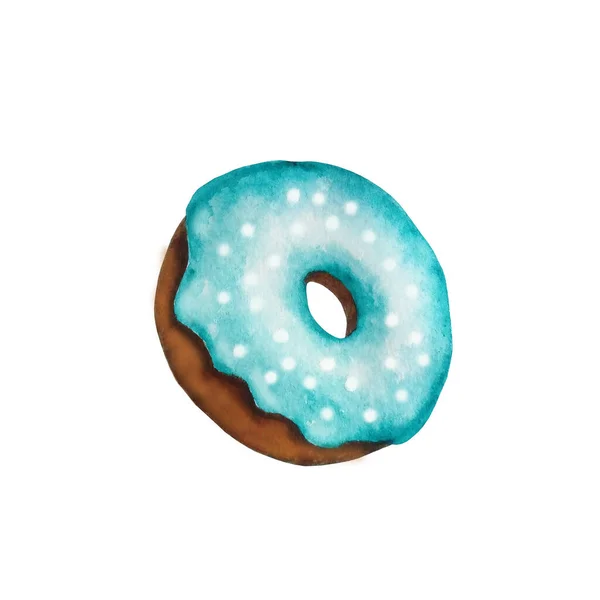 Aquarell Donut Mit Blauem Zuckerguss — Stockfoto