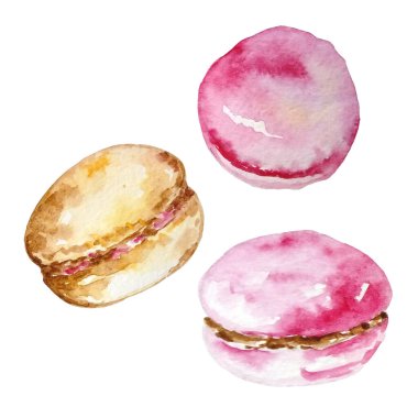 Beyaz arka planda üç badem kurabiyesinden oluşan suluboya bir set pembe ve bej.