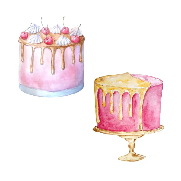 Zestaw Akwareli Dwa Różowe Ciasta Białym Tle Ręcznie Rysowane — Zdjęcie stockowe