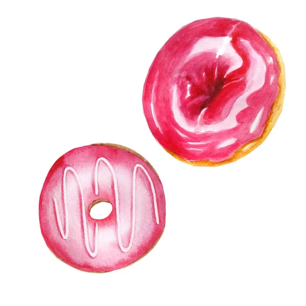 Aquarell Set Von Zwei Rosa Runden Donuts Auf Weißem Hintergrund — Stockfoto