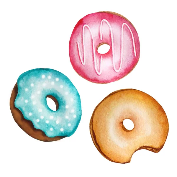 Conjunto Acuarela Tres Rosquillas Redondas Diferentes Colores Sobre Fondo Blanco — Foto de Stock