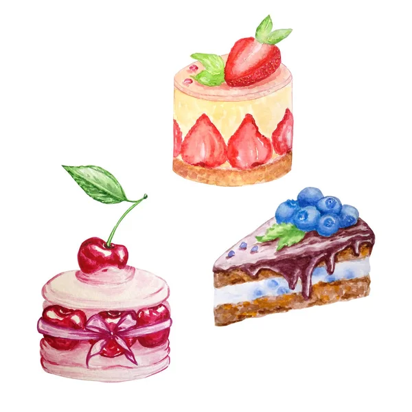 水彩画一套三块不同形状和不同颜色的蛋糕 背景为白色 — 图库照片