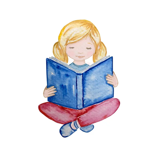 Aquarel Zitten School Meisje Het Lezen Van Een Boek — Stockfoto