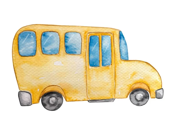白い背景の水彩画学校の大きな黄色のバス — ストック写真