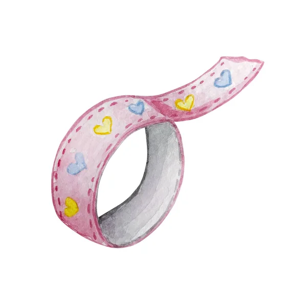 Aquarel Illustratie Van Ronde Roze Decoratieve Tape Met Veelkleurige Harten — Stockfoto