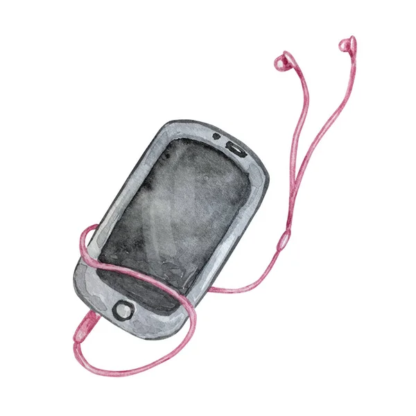 Acuarela Ilustración Gris Teléfono Móvil Auriculares Rosados —  Fotos de Stock