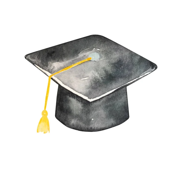 Watercolor Illustration Black Graduate Hat Yellow Tassel — Stock Photo, Image