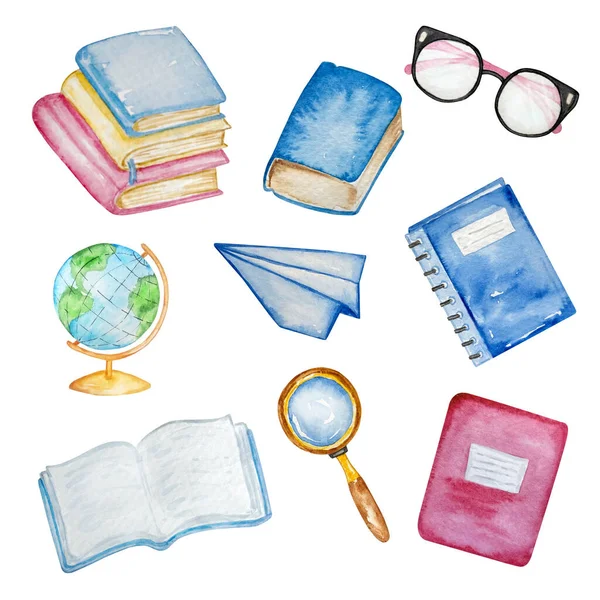 Aquarell Illustration Isolierte Schulmaterialien Schreibwaren Bücher Und Notizbücher — Stockfoto