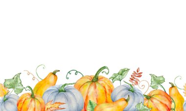 suluboya sonbahar dikişsiz kompozisyon sınırı parlak turuncu ve mavi kabaklar ve yeşil ve sonbahar yaprakları ile