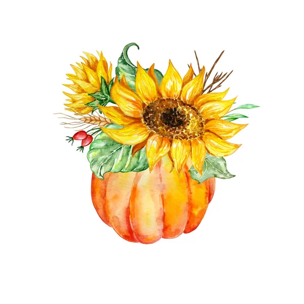 Akvarel Složení Jasně Oranžová Dýňová Váza Žlutými Slunečnicemi Podzimní Listy — Stock fotografie