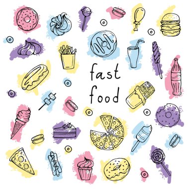 Renkli karalama tarzında elle çizilmiş vektör fast food ve tatlıları
