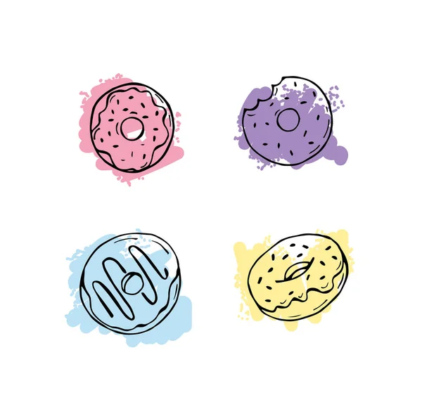 Vector Dulces Comida Rápida Donuts Multicolores Mano Dibujado Estilo Doodle — Archivo Imágenes Vectoriales