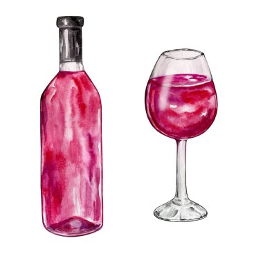 Suluboya çizimi kırmızı şarapla izole edilmiş şişe ve cam.