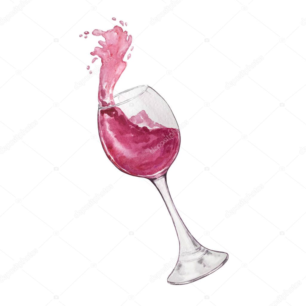 watercolor illustration isolated image glass with red wine splash