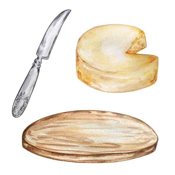 Suluboya Resimli Tahtadan Tepsi Metal Bıçakla Peynirin Etrafında Izole Resimler — Stok fotoğraf