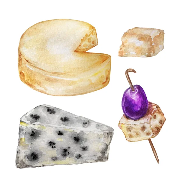 Watercolor Illustration Separate Images Four Different Cheese — Stock Photo, Image