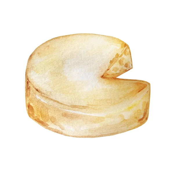 Aquarell Illustration Handgezeichnet Rund Gelb Großen Käse Mit Stück Geschnitten — Stockfoto