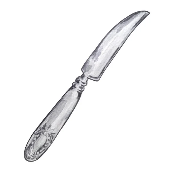 Watercolor Illustration Gray Metal Cheese Knife — Stock Photo, Image