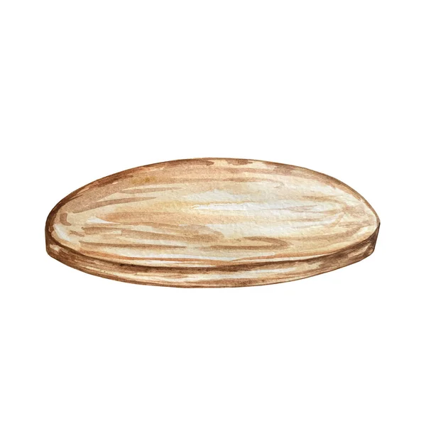 Акварельная Иллюстрация Рука Нарисована Большой Круглый Деревянный Коричневый Поднос Еды — стоковое фото