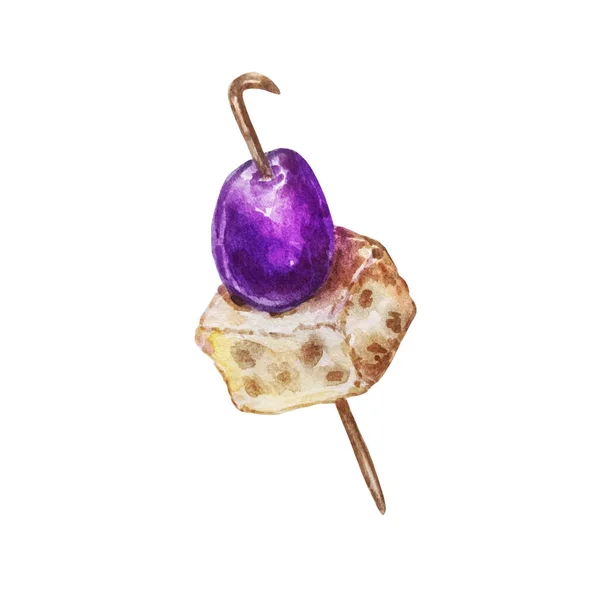Watercolor Illustration Hand Drawn Small Piece Cheese Stick Grape — Stock Photo, Image