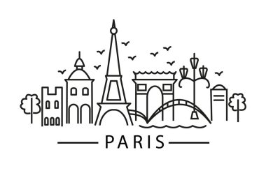 Paris 'in siyah-beyaz Eyfel kulesi ev, fener ve ağaçlarla çizilmiş sanat tarzının vektör çizimi