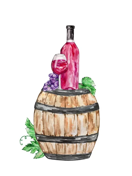 Watercolor Illustration Composition Large Wooden Barrel Bottle Red Wine Glass — Stock Photo, Image
