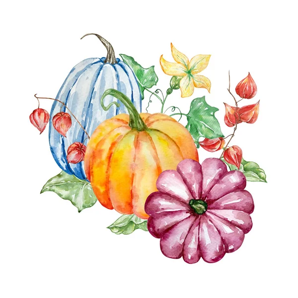 Aquarel Illustratie Compositie Drie Veelkleurige Pompoenen Met Gele Bloemen Groene — Stockfoto