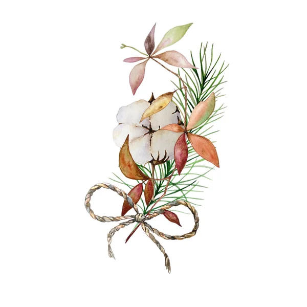 Akwarela Boże Narodzenie Bukiet Kwiatowy Gałęzi Bawełny Sosny Ręcznie Malowane — Zdjęcie stockowe