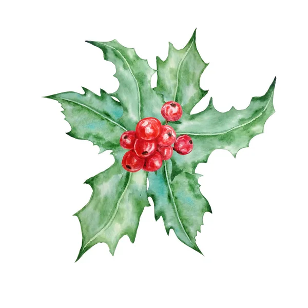 Χριστούγεννα Και Πρωτοχρονιά Σύμβολο Διακοσμητική Σύνθεση Holly Μούρο Υδατογραφία Ζωγραφισμένη — Φωτογραφία Αρχείου