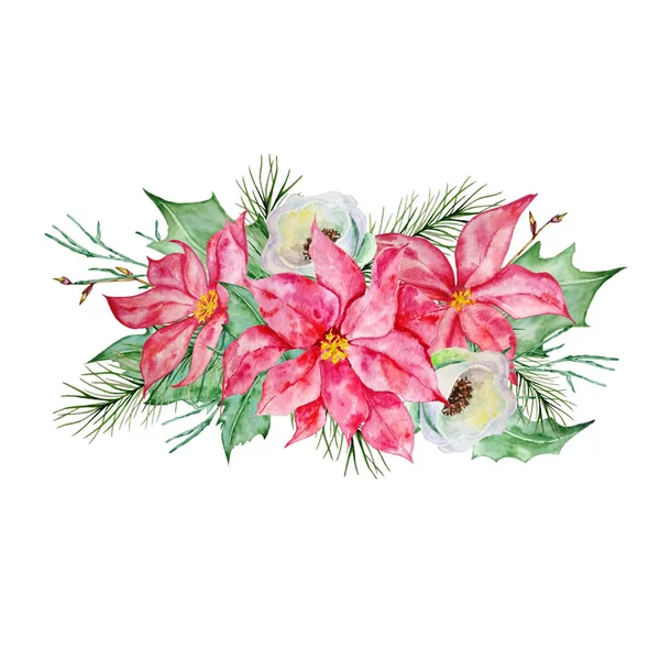 Kerst Boeket Met Hulst Bessen Poinsettia Bloem Dennen Takken Aquarel — Stockfoto