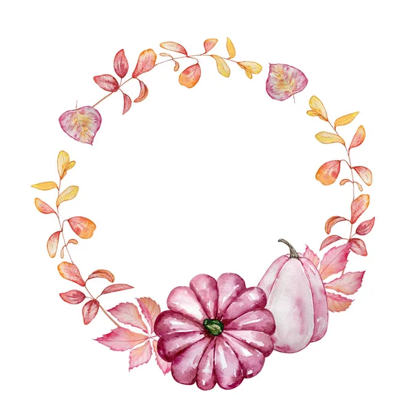 Watercolor hand painted autumn branch wreath. Round frame with pink pumpkins, autumn leaves and branches. Autumn illustration for design and background