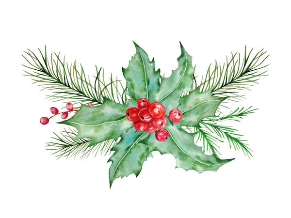 斯堪的纳维亚半岛水彩画圣诞作文 手绘冬季装饰 小树枝 松枝和冬青莓的芬芳 — 图库照片