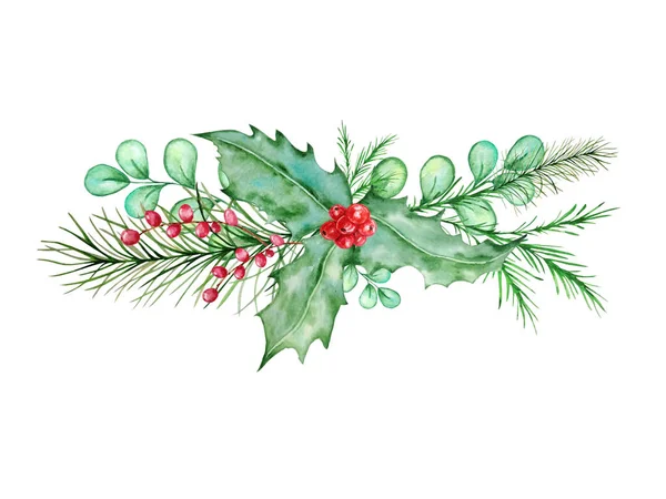 Υδατογραφία Σκανδιναβική Χριστουγεννιάτικη Σύνθεση Χειροποίητη Χειμερινή Διακόσμηση Μπουκέτο Φύλλα Κλαδιά — Φωτογραφία Αρχείου