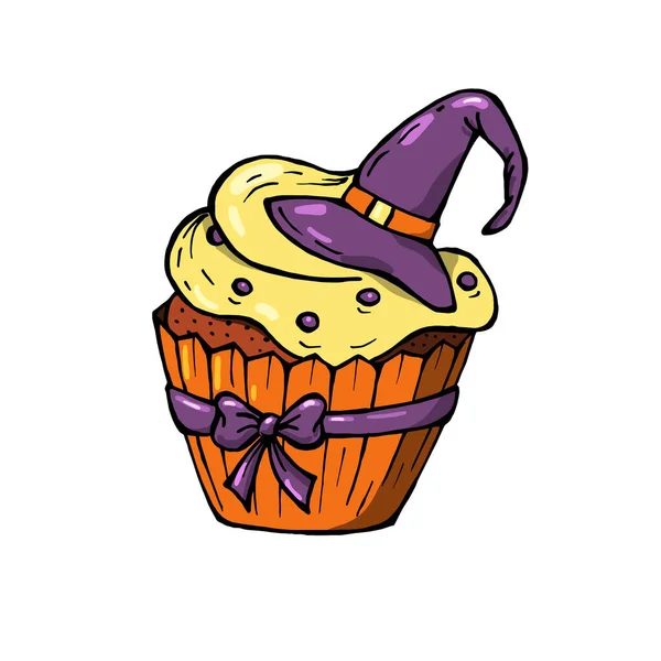 Cupcake Halloween Con Crema Gialla Cappello Viola — Vettoriale Stock