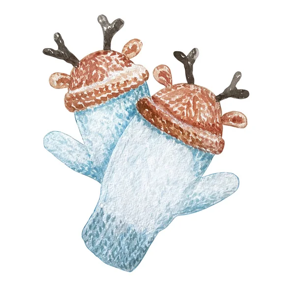 白色背景上的一对蓝色针织手套 圣诞手绘粉红色冬季手套的图解 上面有装饰品和角 — 图库照片