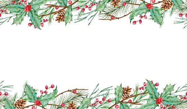 Watercolor Christmas Wreath Horizontal Seamless Composition Fir Branches Holly Berries — Stock Photo, Image