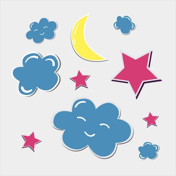 Stickers Flat Design Cute Moon Star Cloud Cartoon Style Colorful — Stock Vector