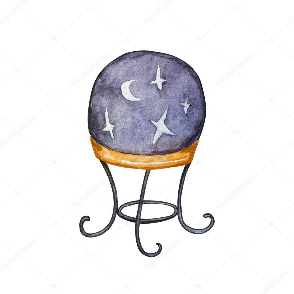 Watercolor magic crystal ball for fortune telling. Black ball with moon and stars on a stand. Hand drawn illustration isolated on white background.